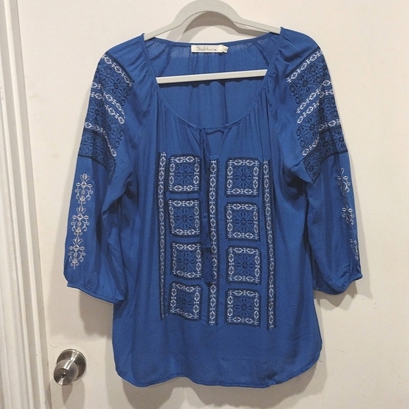Solitaire Tops - Solitaire Women's Royal Blue Embroidered Rayon Peasant Style Blouse Size L-Boho